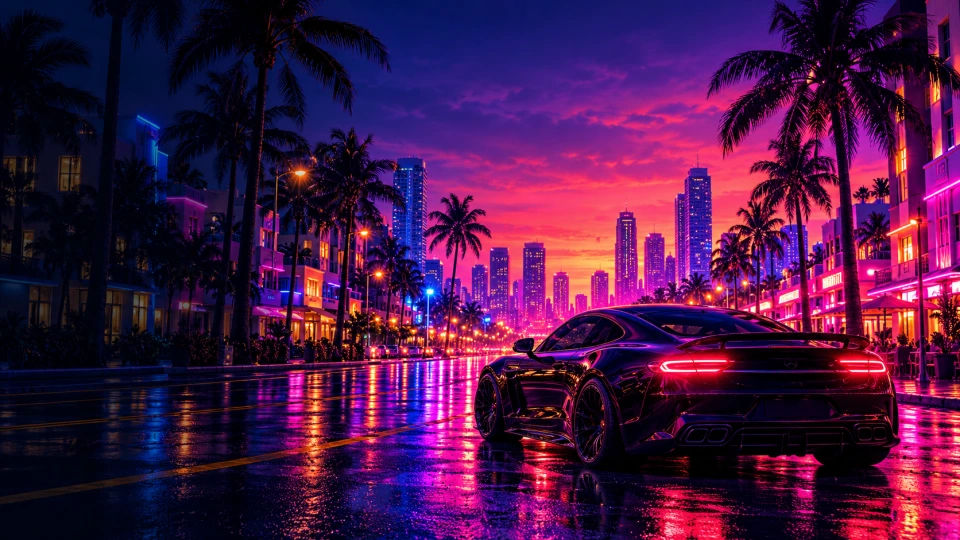A custom sports car on a palm-lined boulevard at sunset, original Ruin Pakistan concept art